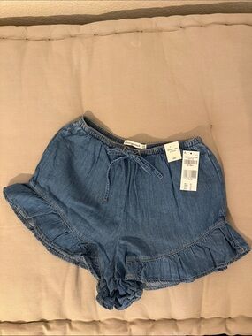 Abercrombie & Fitch Denim Blue High-Waist Ruffle Trim Shorts